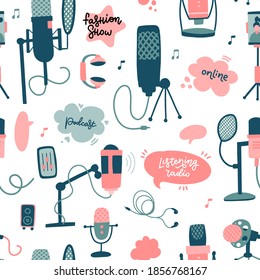 Podcast diseño de doodle plano a mano sin fisuras. Micrófono con burbuja de habla. Ilustración del vector