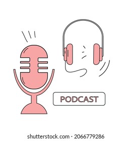 Podcast. Flat illustration with headphones and microphone.Vector flat illustration, icon, logo design on white background.