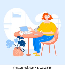 Podcast flat style vector illustration. Female podacster doing a live stream on her laptop at home.