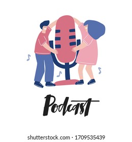 Podcast flat vector banner template. Man and woman cartoon character holding microphone in hands. Broadcast poster design. Podcast hand drawn lettering.