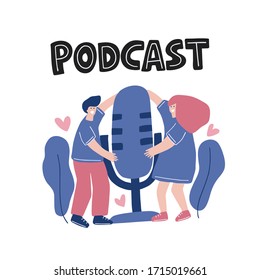 Podcast flat vector banner template. Man and woman cartoon character holding microphone in hands. Broadcast poster design. Podcast hand drawn lettering.