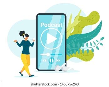 Podcast flat vector illustration. Girl listening to online webinars, young woman with headphones cartoon character. Smartphone player app. Education and internet technology isolated design element