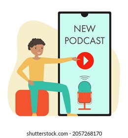 Podcast flat vector illustration. Logo, banner, podcast presentation with microphone, new podcast pucture on the phone. Isolated background