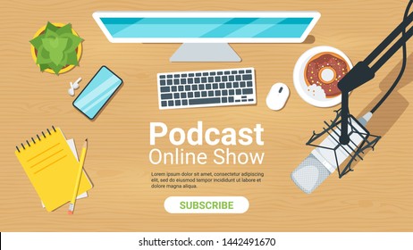 Plantilla de página de inicio de vector plano de podcast. Programa en línea, blogueo, radiodifusión, banner web, podcasting en sitio web. Centro de trabajo de host de radio, micrófono con equipo