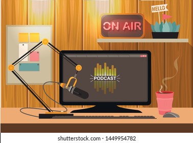 Podcast flat vector landing page template. Online show, blogging, radio broadcasting, web banner, podcasting in internet website. Radio host workplace, microphone with computer