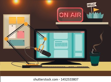 Podcast flat vector landing page template. Online show, blogging, radio broadcasting, web banner, podcasting in internet website. Radio host workplace, microphone with computer