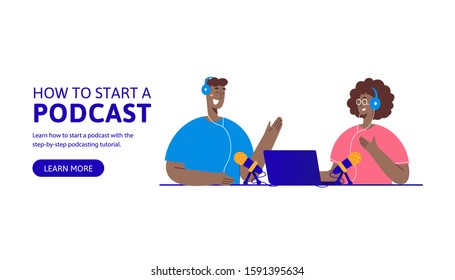 Podcast flat vector landing page template. Online show, blogging, radio broadcasting, web banner, podcasting in internet website. Radio host workplace, woman with the microphone and computer