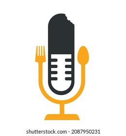 Podcast food logo icon designs vector. Fork and spoon around a mic.