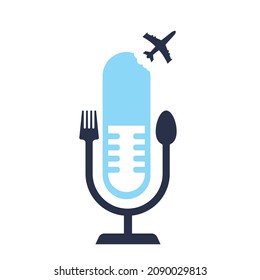 Podcast food logo icon designs vector. Fork and spoon around a mic.