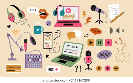 Podcast. Gadgets for web audio or video streaming headphones microphones laptop recording stuff recent vector stylized flat illustrations