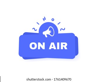 Podcast geometric badge on air live with megaphone label and abstract elements. Modern Vector illustration.
