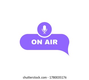 Podcast geometric badge on air live. Message bubbles with microphone emblem. Concept of radio broadcasting or streaming. Logo design. Vector illustration.