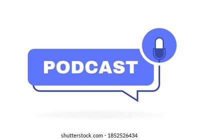 Burbuja de mensajes geométricos de podcast con emblema de micrófono. Diseño de logotipo. Ilustración vectorial.
