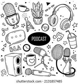 Podcast hand drawn doodles with microphone, headset, shout, on air sign, coffee mug, houseplant. Broadcast Icons Hand Drawn Doodle Coloring Vector