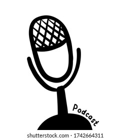 Podcast hand drawn icon logo in doodle style black white illustration with lettering contrast