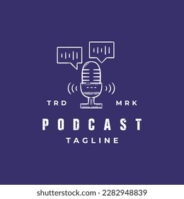 Podcast hand drawn vintage logo. Microphone with sound wave audio effect and bubble speech icon line illustration. 