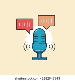 Podcast hand drawn vintage logo. Microphone with sound wave audio effect and bubble speech icon flat illustration. 