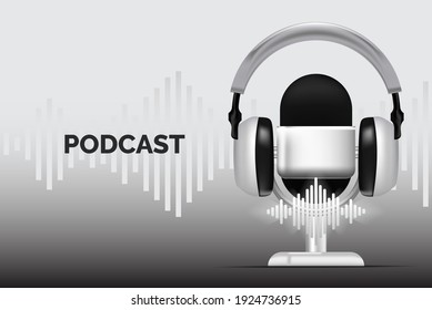 Kopfhörer und Mikrofon mit Podcast. Design der Rundfunkelemente 