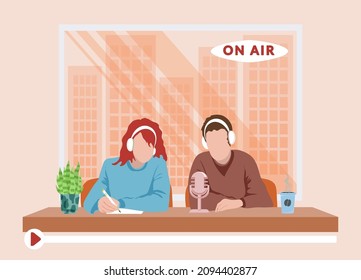 Podcast in home studio flat vector illustration. Woman and man on radio station cartoon characters. Man and woman with headphones and microphone. Radio. Mass broadcasting.