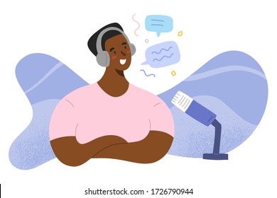 Podcast host, guy recording an audio show sitting in headphones, making a radio series with microphone, producing media content, self made live broadcast, vector cartoon character