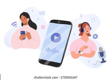 Podcast host and listener concept, woman recording a program with mic, girl listening to podcast in headphones using mobile app, production of content, cartoon characters, vector illustration