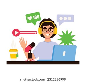 Podcast host. Man in headphones sits at a table with a laptop and a microphone. Radio show. Vector graphic.