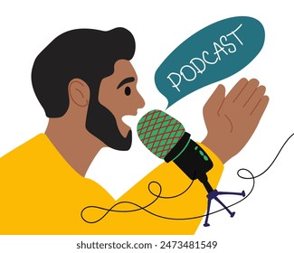 Podcast concept, Radio host. Media tool, mic and speech bubble. Male podcaster speaking to mic, broadcaster at workspace. Vector illustration.