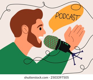 Concepto de podcast, presentador de radio. Herramienta de medios, micrófono y burbuja de discurso. Podcaster masculino hablando al micrófono, locutor en el espacio de trabajo. Ilustración vectorial.