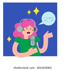 Podcast host with mic and headset flat vector illustration. Female podcaster holding microphone with speech bubble, broadcaster at night with stars cartoon character

