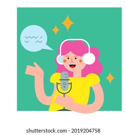 Podcast host with mic and headset flat vector illustration. Female podcaster holding microphone with speech bubble, broadcast from home
