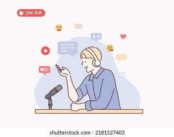 Podcast host recoding, streaming an series of online radio episode. Man blogger in headset and microphone, making media record at home or studio. Hand drawn style vector design illustrations.