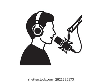 Podcast Host Speaking into Microphone Vector Silhouette Icon