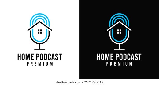 Podcast house logo vector icon design illustration. Microphone podcast logo vector with house icon symbol illustration design template. Real estate property podcast logo.