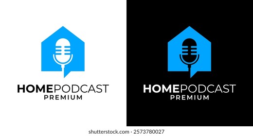 Podcast house logo vector icon design illustration. Real estate property podcast logo design template. Podcast microphone icon logo vector with house mortgage illustration symbol design template.