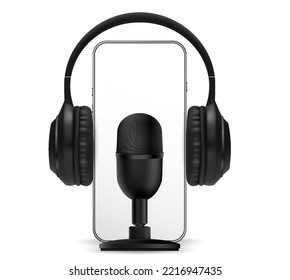 Podcast icon. Audio equipment with microphone, sound headphones, podcast application on mobile smartphone screen. Radio recording sound voice on dark background. Broadcast media music concept.