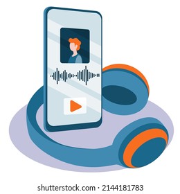 Podcast. Icon, badge, stamp, logo.Vector illustrations for the design of podcast broadcasts. Studio microphone on a stand, headphones, smartphone, soundtrack. 