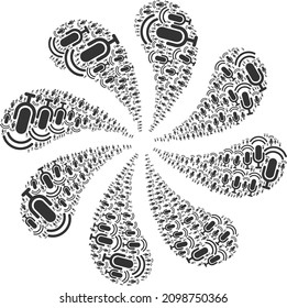 Podcast icon centrifugal motion turbine fireworks shape. Turbine burst designed from scattered podcast items.