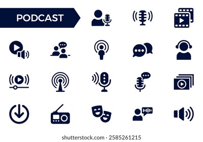 Podcast icon collection. Containing audio, microphone, record, podcasting, broadcasting and entertainment icons. Solid icon set. Vector illustration.