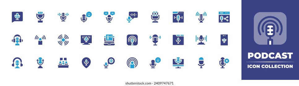 Podcast icon collection. Duotone color. Vector and transparent illustration. Containing podcast, microphone, app, audio, placeholder, voice control, chat.
