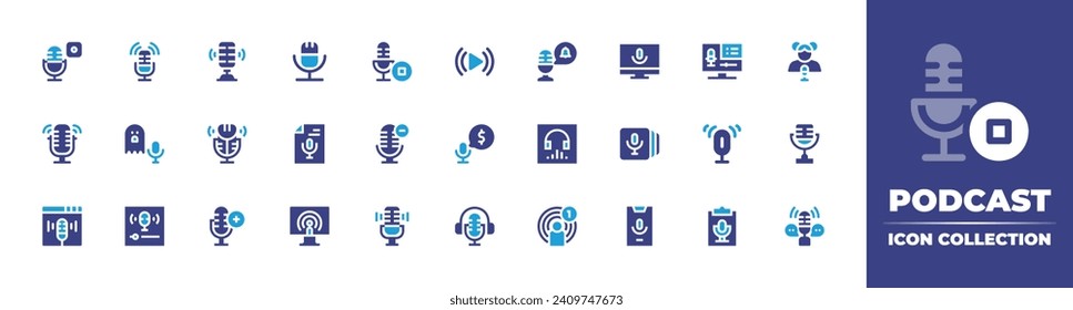 Podcast icon collection. Duotone color. Vector and transparent illustration. Containing play, microphone, headphone, podcast, transcription, listen now, desktop, conversation, website, notification.