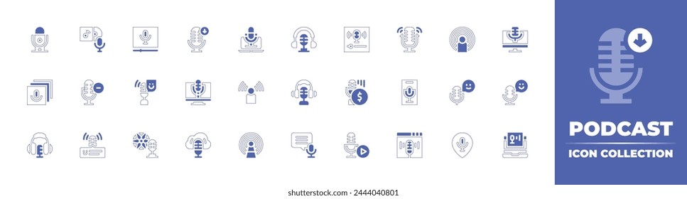 Podcast icon collection. Duotone style line stroke and bold. Vector illustration. Containing podcast, football, microphone, placeholder, cloud, website, library, play button, record, voice control.