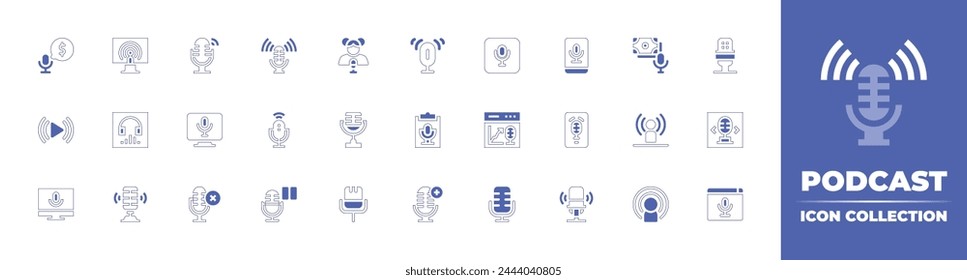 Podcast icon collection. Duotone style line stroke and bold. Vector illustration. Containing play, podcast, mic, microphone, voice, listen now, desktop, mobile phone, voice control, follow, pause.