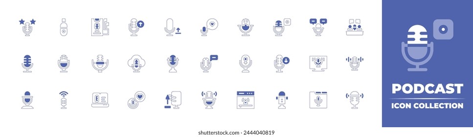 Podcast icon collection. Duotone style line stroke and bold. Vector illustration. Containing mic, microphone, podcast, record, upload, favorite, download, cloud, recording.