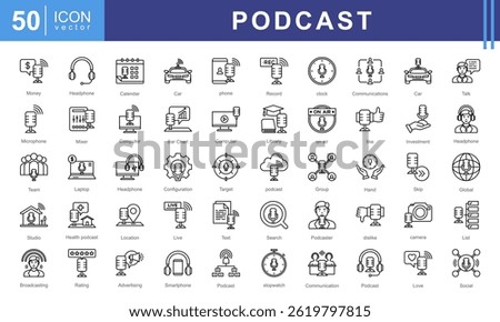 Podcast icon collection set. Containing dialogue, communications, broadcast, microphone, headphones, studio, recording, and sound waves. Perfect for content creators, radio shows, or audio production.