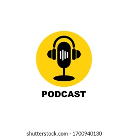 Podcast icon. Flat vector illustration with table studio microphone and headphones.