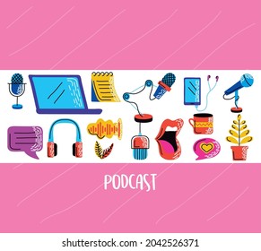 Podcast icon group on pink background
