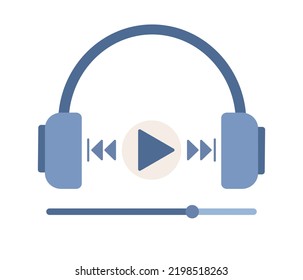 Podcast icon. Headphones and media player. Podcast recording and listening, broadcasting, online radio, audio streaming, music. Vector flat illustration 