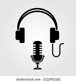 Podcast icon with Headphones and retro microphone. Vector illustration