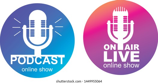 Podcast icon like on air live. Podcast. Badge, icon, stamp, logo. Radio broadcasting or streaming. Vector stock illustration.