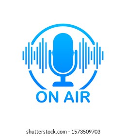 Podcast icon like on air live. Podcast. Badge, icon, stamp, logo. Radio broadcasting or streaming. Vector stock illustration.